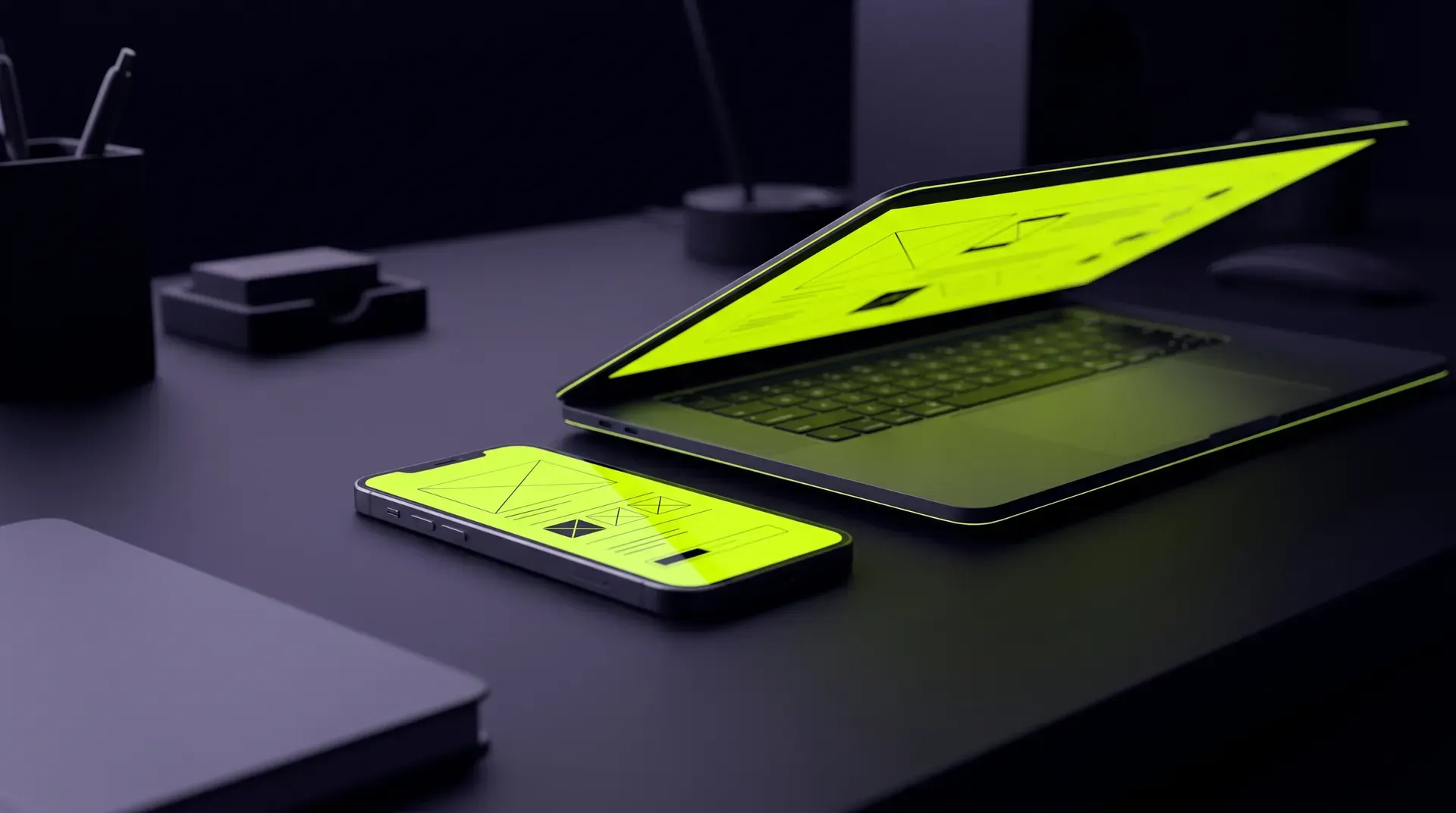 A smartphone and a laptop on a dark desk showing the Prematch login screen in lime